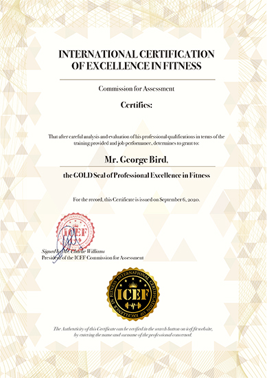 certificate of international certification of excellence in fitness